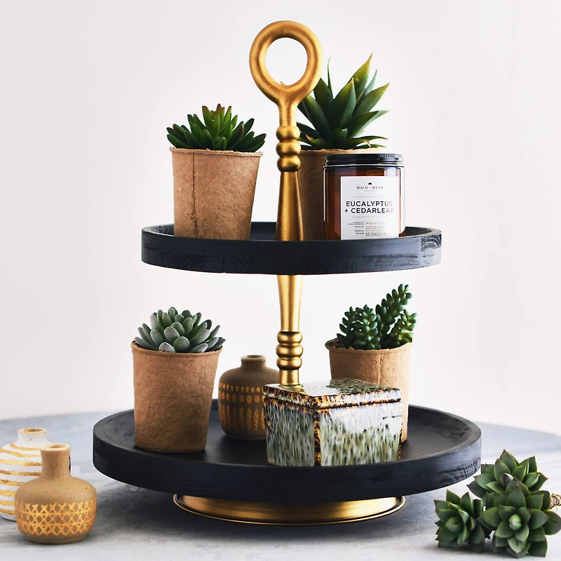 Hello Honey® 18" Black and Gold Wood 2-Tier Decorative Tray