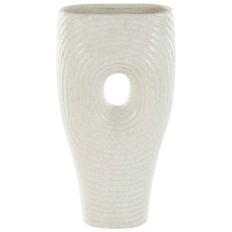 16" White Speckled Ceramic Ribbed Cutout Vase