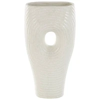 16" White Speckled Ceramic Ribbed Cutout Vase