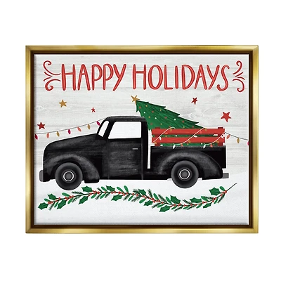 Stupell Industries Happy Holidays Christmas Tree Truck Framed Floater Canvas Wall Art