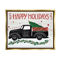 Stupell Industries Happy Holidays Christmas Tree Truck Framed Floater Canvas Wall Art