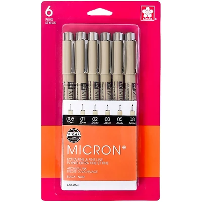 Sakura Pigma Micron Pen Set, 6-Pens, Black