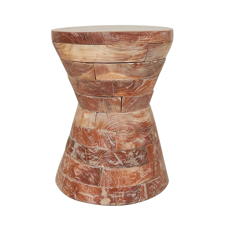 18.5" Brown Teak Wood Handmade Hourglass Accent Table with Stacked Wood Pieces