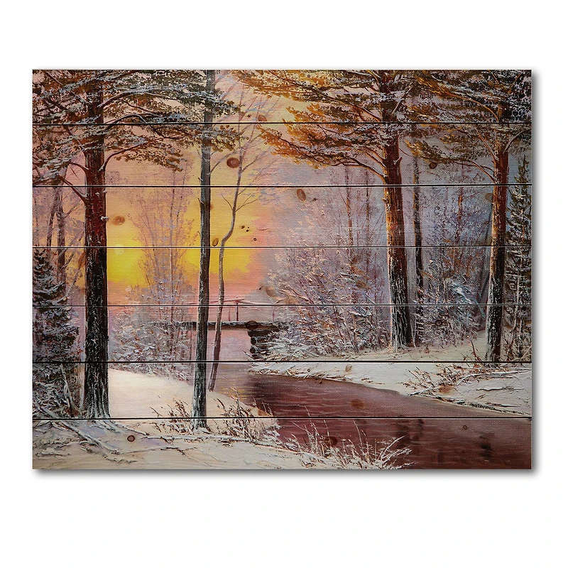 Designart Christmas Forest with River & Trees IV Print on Natural Pine Wood