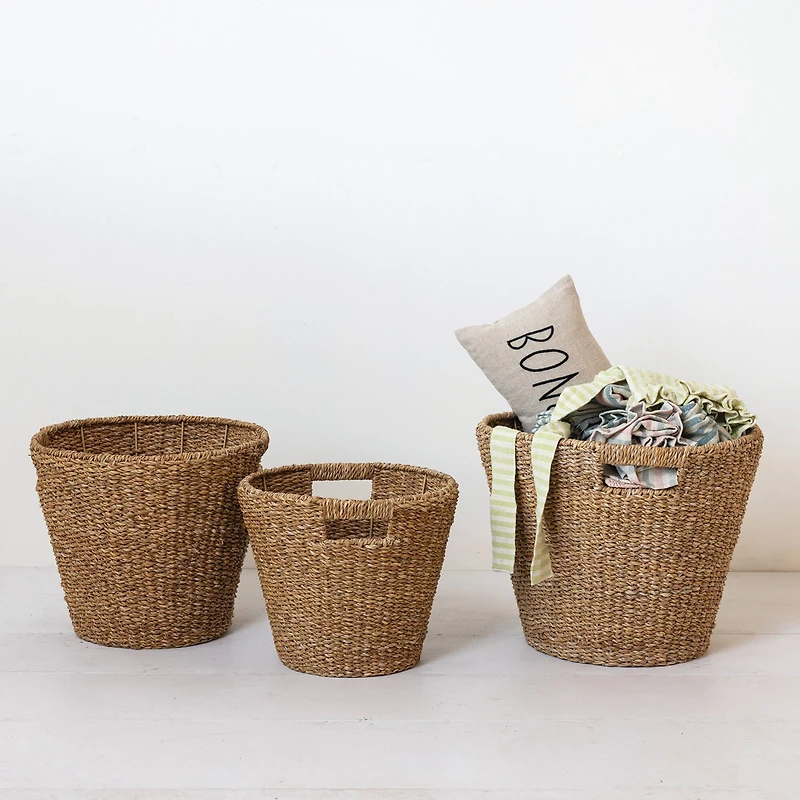 Hello Honey® Natural Round Decorative Handwoven Seagrass Cone Basket Set with Handles