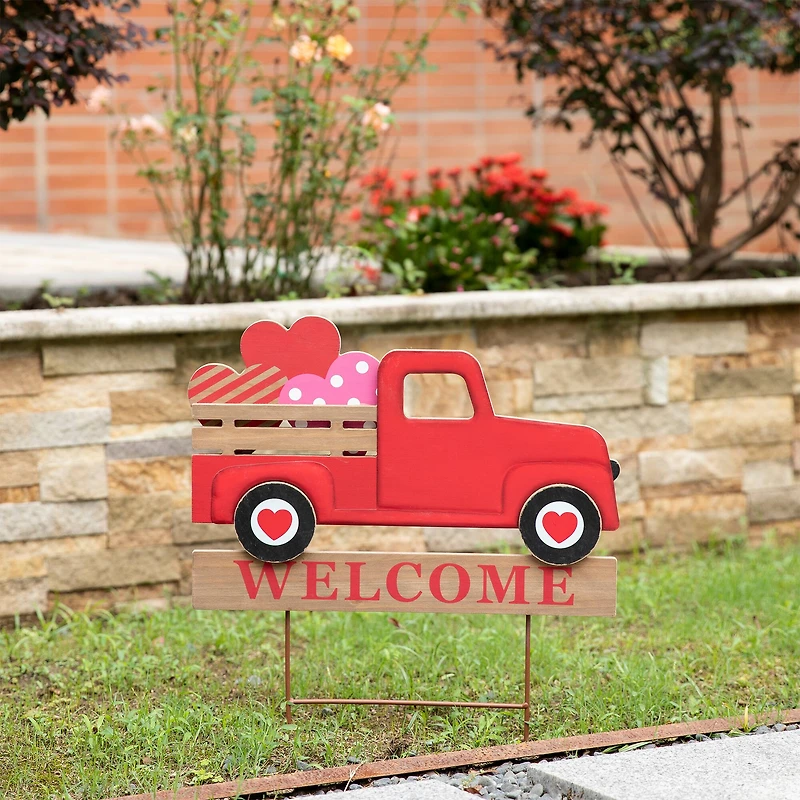 Glitzhome® 24" Metal Wooden Valentine's Truck Yard Stake & Hanging Sign