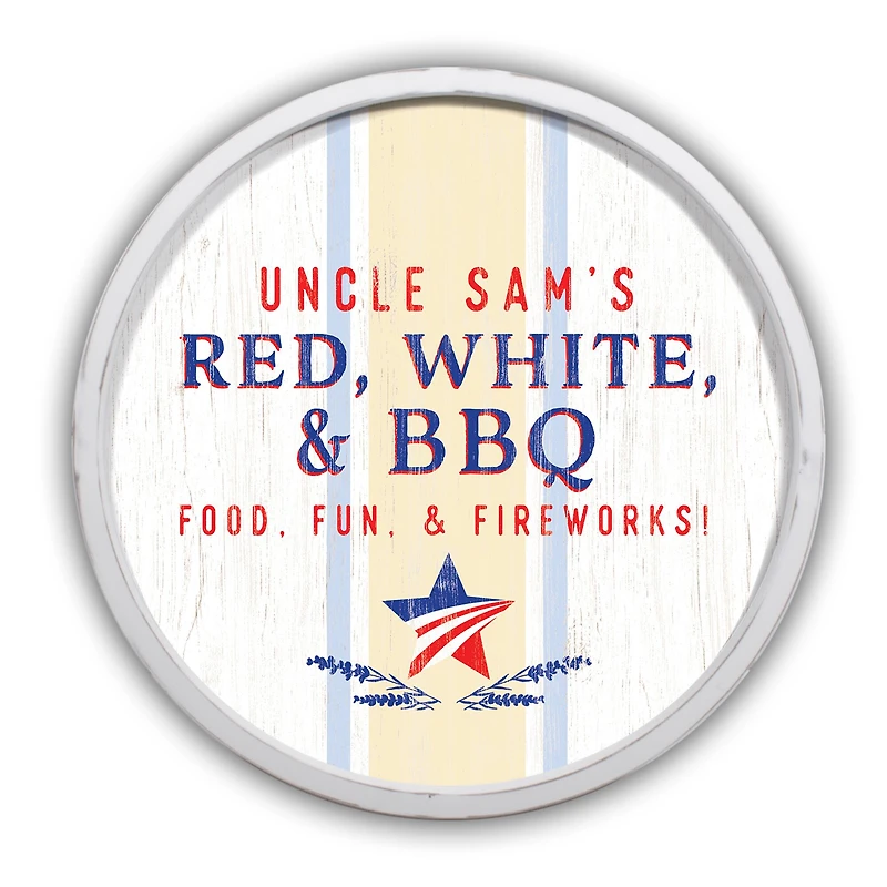 Red, White & BBQ Round White Framed Print