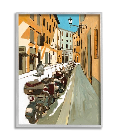 Stupell Industries Row of Mopeds Yellow European City Street Gray Framed Wall Art