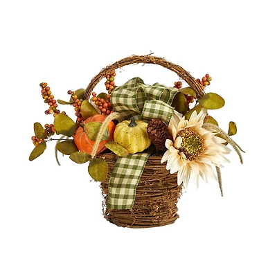 16" Pumpkin, Gourds & Berries Autumn Arrangement In Twig Basket