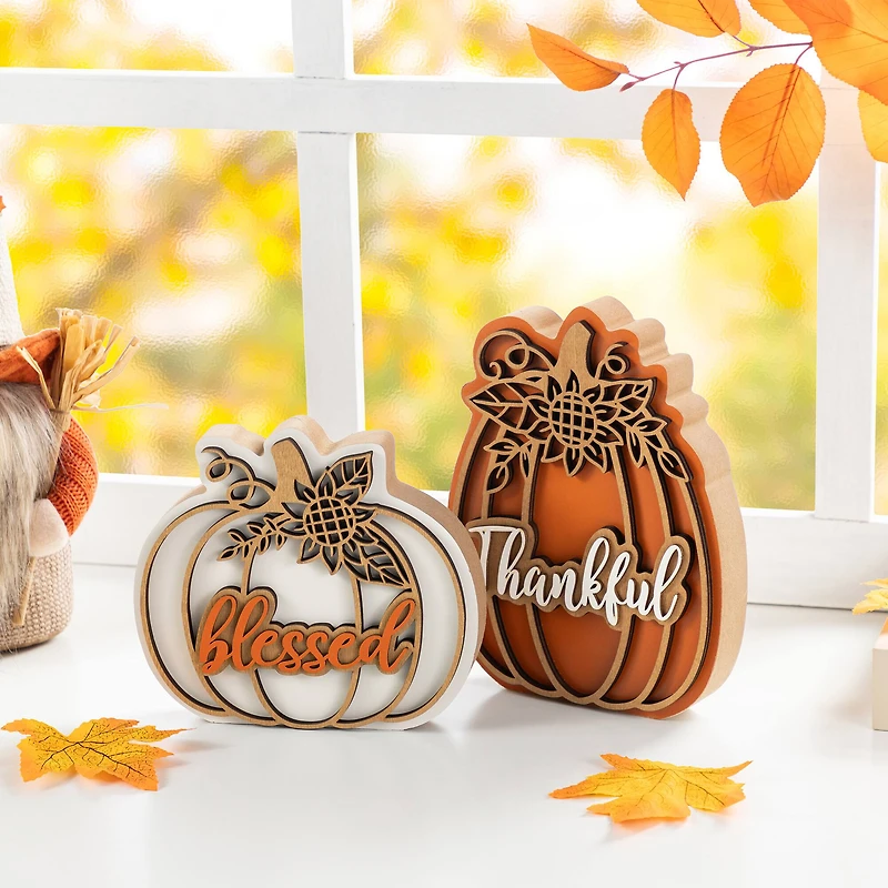 Glitzhome® 8"H Thanksgiving Wooden Pumpkin Table Decor Set