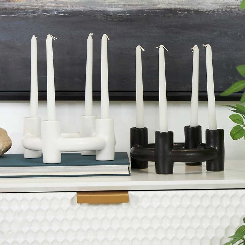 CosmoLiving by Cosmopolitan 8" Black & White Ceramic Geometric Circle Taper Candle Holder Set