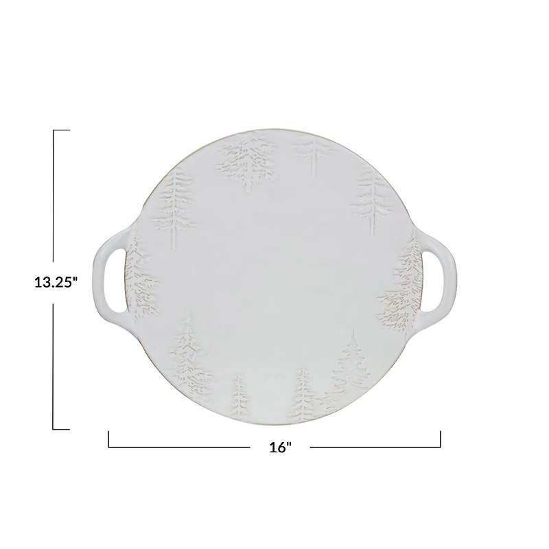 Hello Honey® 16" White Reactive Glaze Debossed Trees Round Stoneware Platter with Handles