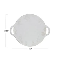 Hello Honey® 16" White Reactive Glaze Debossed Trees Round Stoneware Platter with Handles