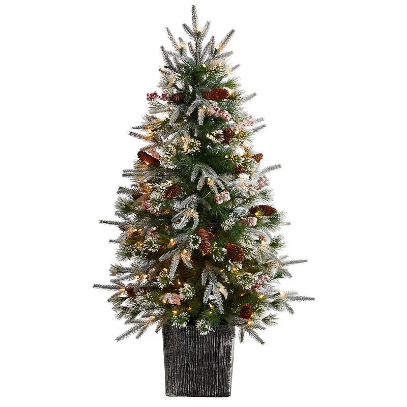 4ft. Pre-Lit Frosted Artificial Christmas Tree in Decorative Planter, White LED Lights