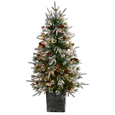 4ft. Pre-Lit Frosted Artificial Christmas Tree in Decorative Planter, White LED Lights