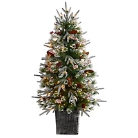 4ft. Pre-Lit Frosted Artificial Christmas Tree in Decorative Planter, White LED Lights