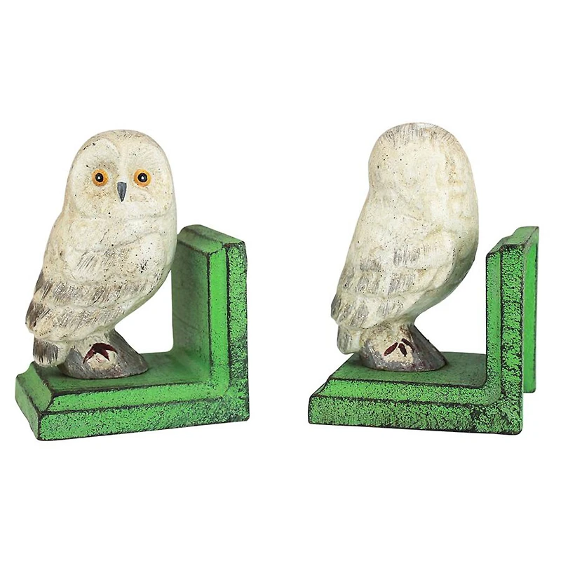 Design Toscano 4.5" Wise Snowy Owl Cast Iron Sculptural Bookend Pair