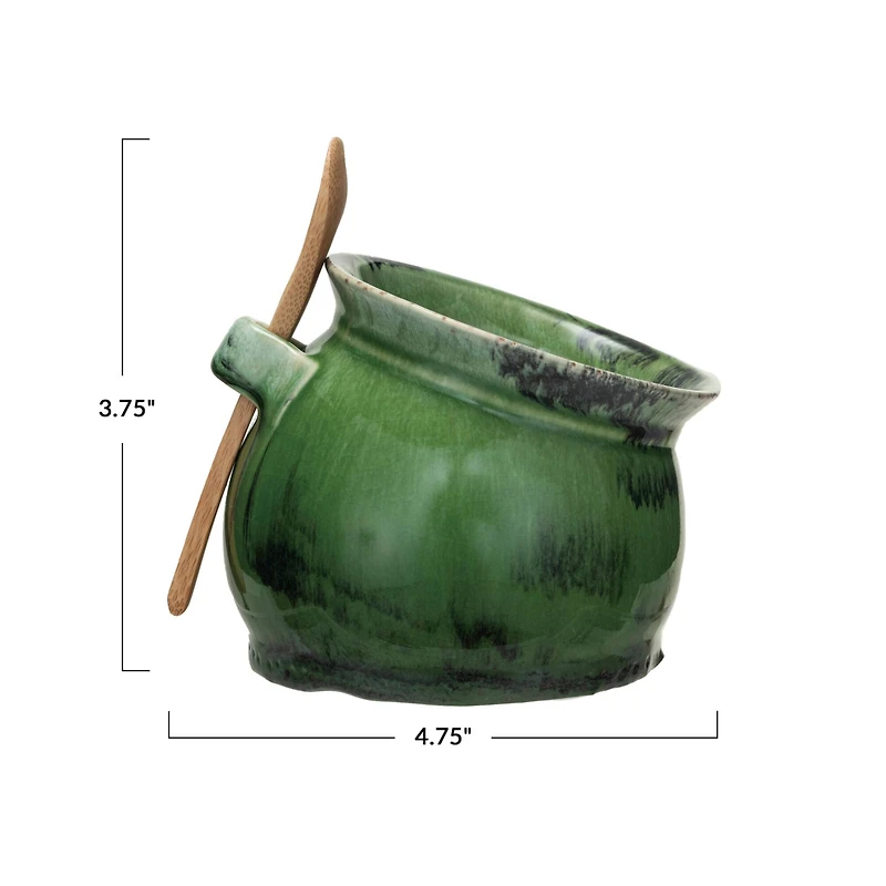 Hello Honey® 4" Green Stoneware Salt Dish with Acacia Wood Spoon