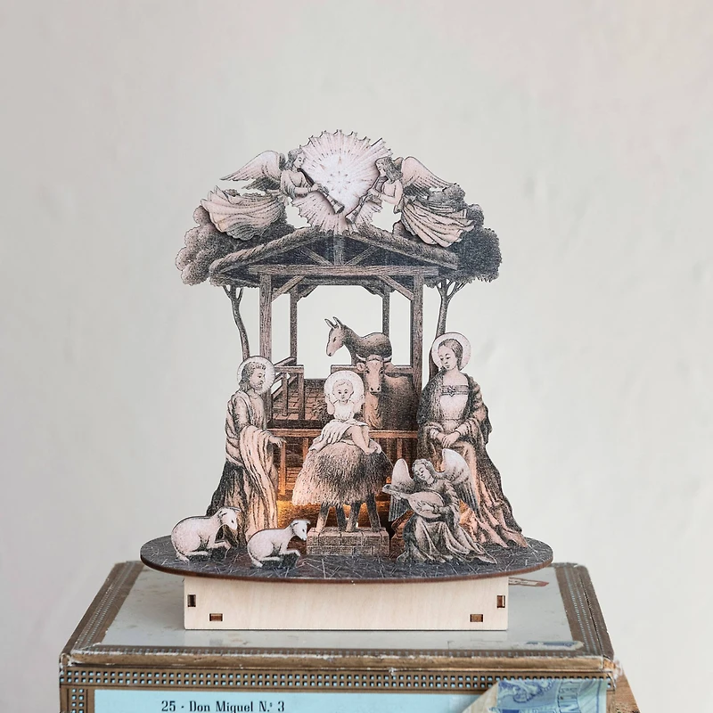 Hello Honey® 7.75" Laser-Cut Wood Nativity Scene with LED Light