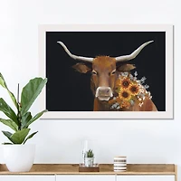 Longhorn With Sunflowers 31.63" x 21.63" White Framed Canvas