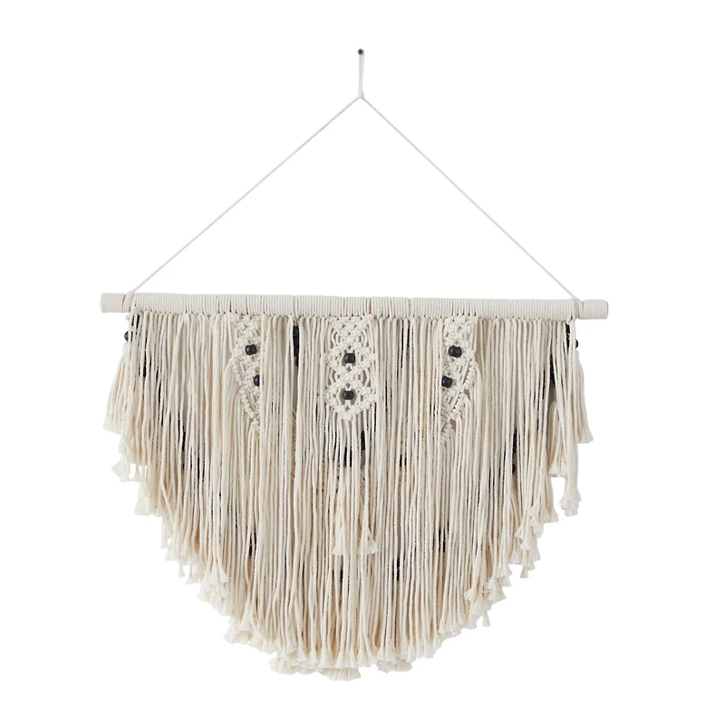 White Cotton Handmade Intricately Weaved Macrame Wall Decor with Beaded Fringe Tassels 28" x 1" x 32"