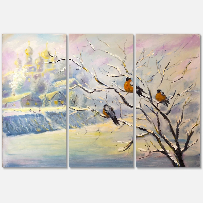 Designart - Rustic Birds On A Tree In Winter Village
