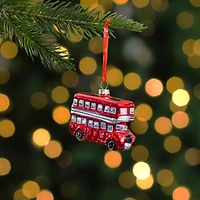 4" Shiny Metallic Red & Silver Glass Double Decker Bus Christmas Ornament