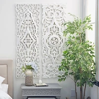 Set of 2 White Mango Wood Farmhouse Abstract Wall Decor, 16" x 48"