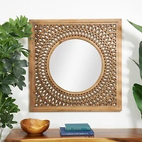 40" Brown Wood Framed Wall Mirror with Carved Scroll Pattern