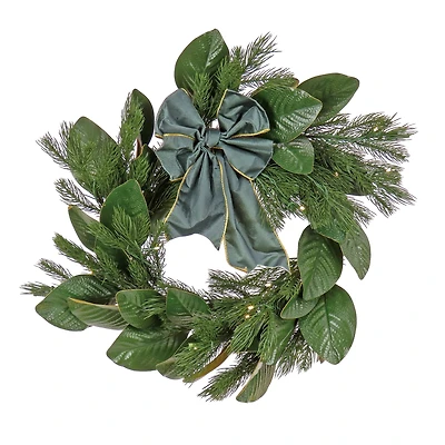 24'' LED Magnolia Mix Pine Wreath with Fabric Bow