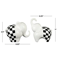 White Ceramic Elephant Sculpture with Checkered Pattern Set