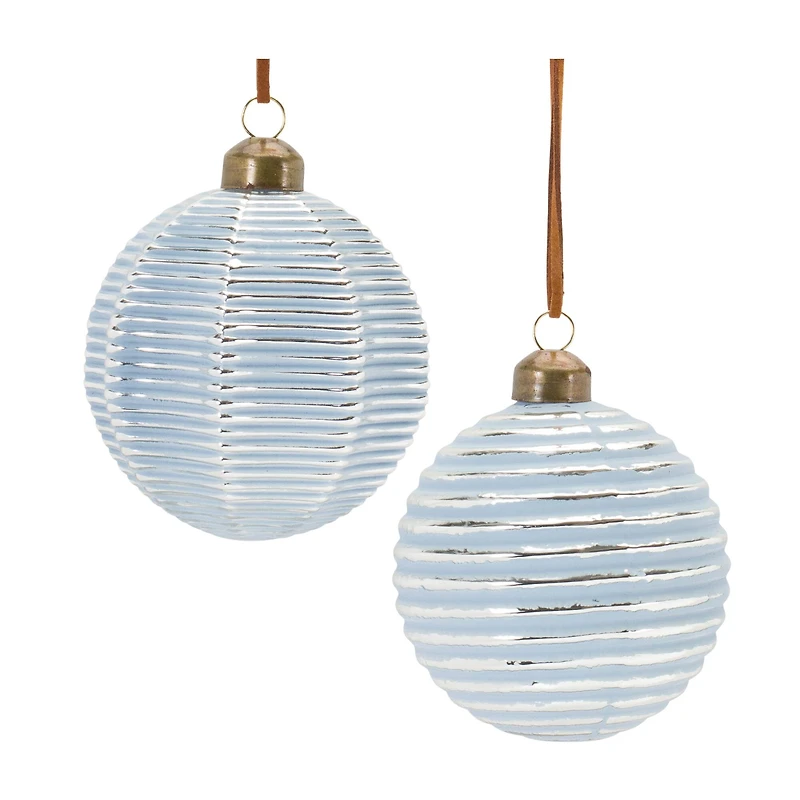 3" Ribbed Blue & White Glass Ball Ornament Set