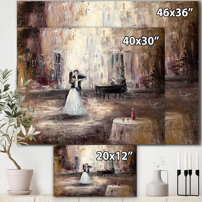 Designart - Black And White Couple Dancing In Hall With Piano