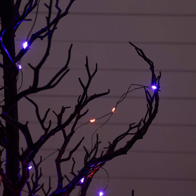 5ft. Pre-Lit Artificial Halloween Black Spooky Twig Tree with 200 Orange & Purple Copper Wire String LED Lights