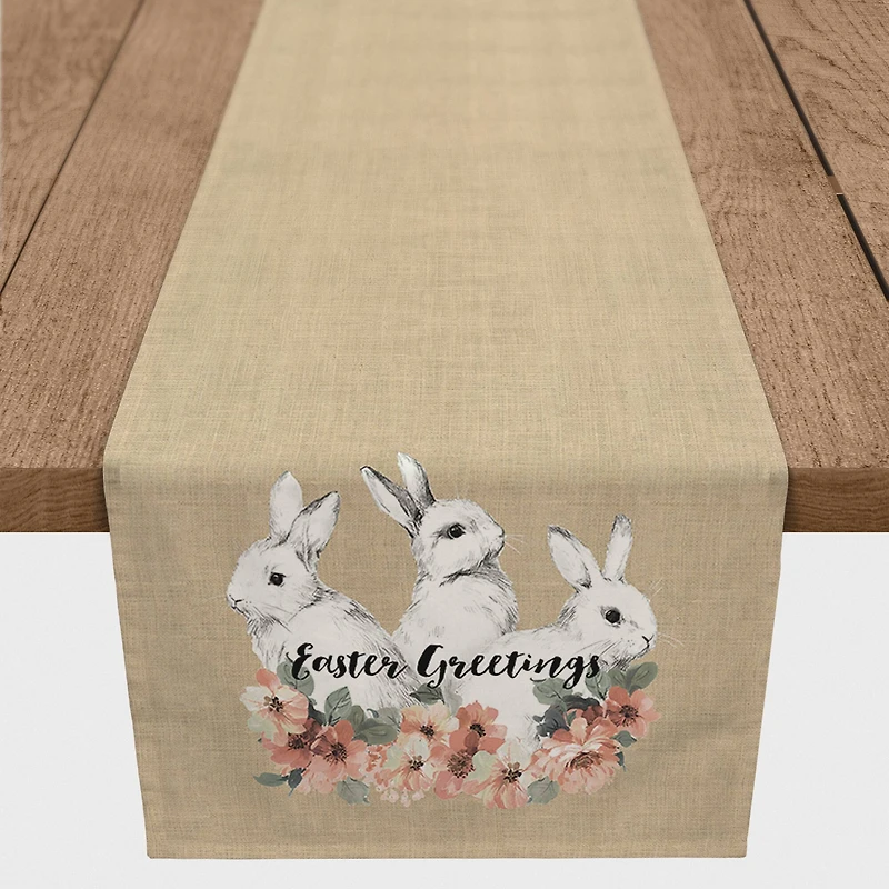 Sketched Bunnies On White Burlap 1 16" x 72" Poly Twill Table Runner