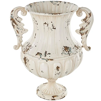 15.25" Cream Metal Vintage Amphora Vase with Brown & Teal Distressing