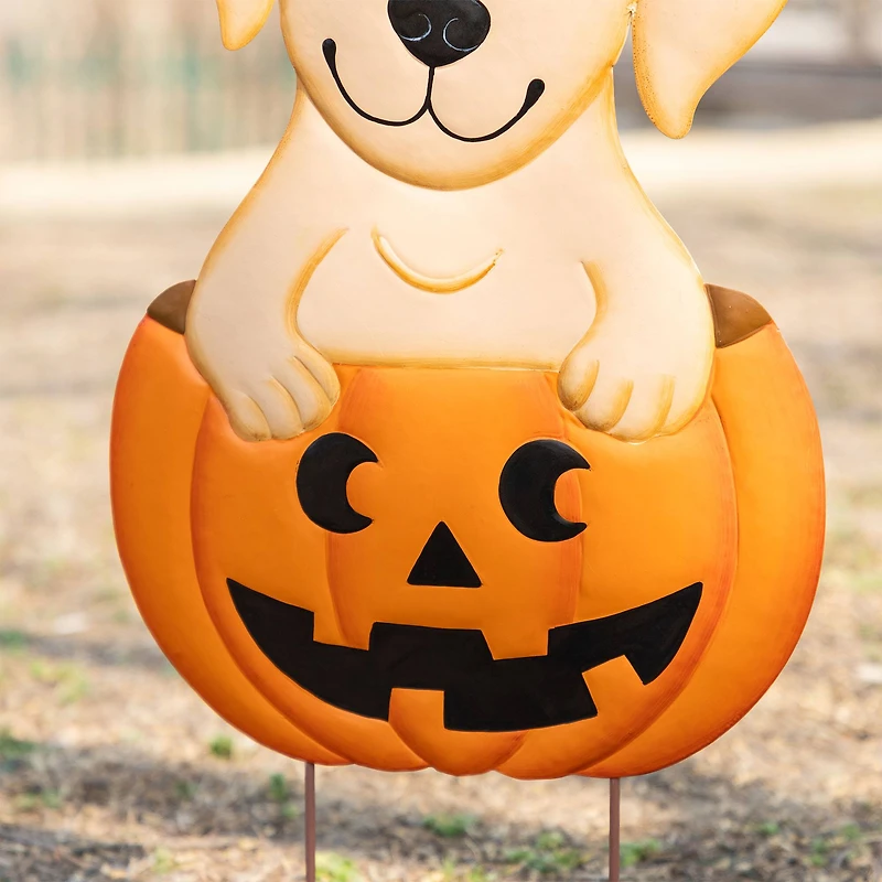 Glitzhome® 32"H Halloween Metal Labrador in Pumpkin Yard Stake
