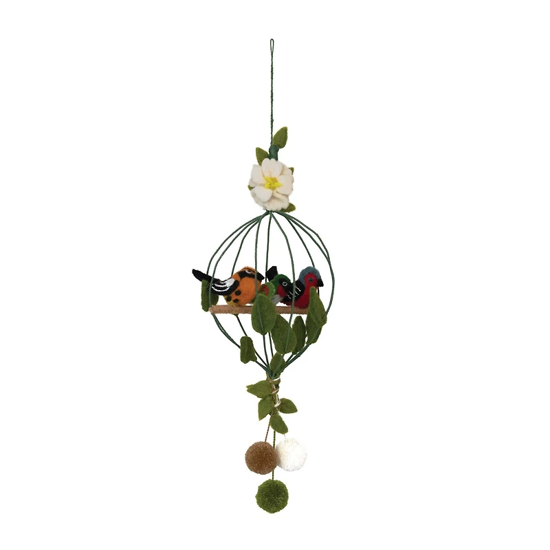 Hello Honey® Wool Felt Flower & Pom Poms Bird Cage Mobile with 3 Birds