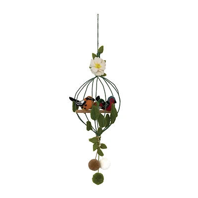 Hello Honey® Wool Felt Flower & Pom Poms Bird Cage Mobile with 3 Birds