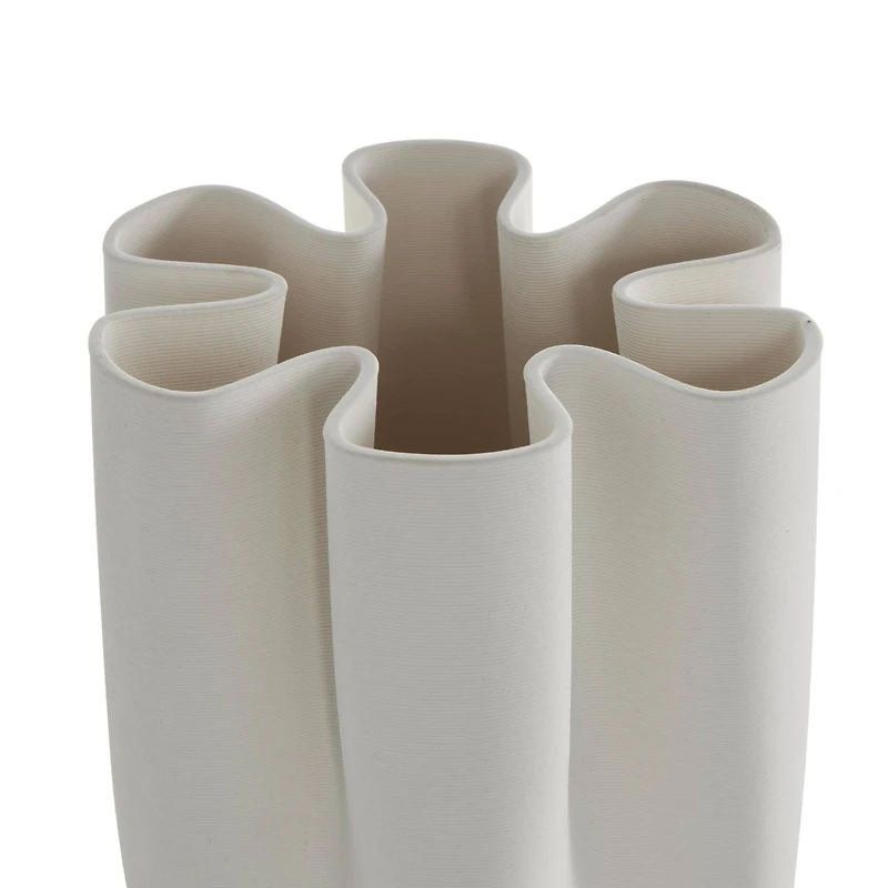White Ceramic Abstract Ribbed Dimensional Folded Vase with Floral Shaped Rim