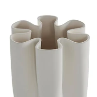 White Ceramic Abstract Ribbed Dimensional Folded Vase with Floral Shaped Rim