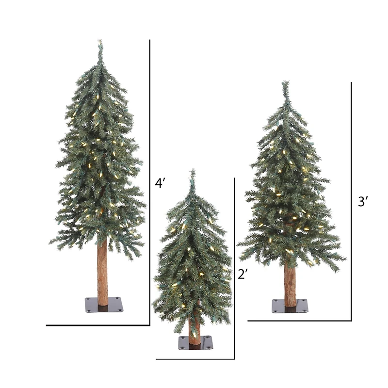 2ft., 3ft. & 4ft. Natural Bark Alpine Artificial Christmas Tree Set, Warm White Dura-Lit® LED Lights