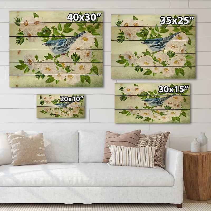 Designart - Little Blue Bird Sitting On A Branch of White Rose