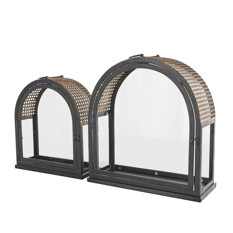 Gold Top Black Metal Arched Candle Lantern Set