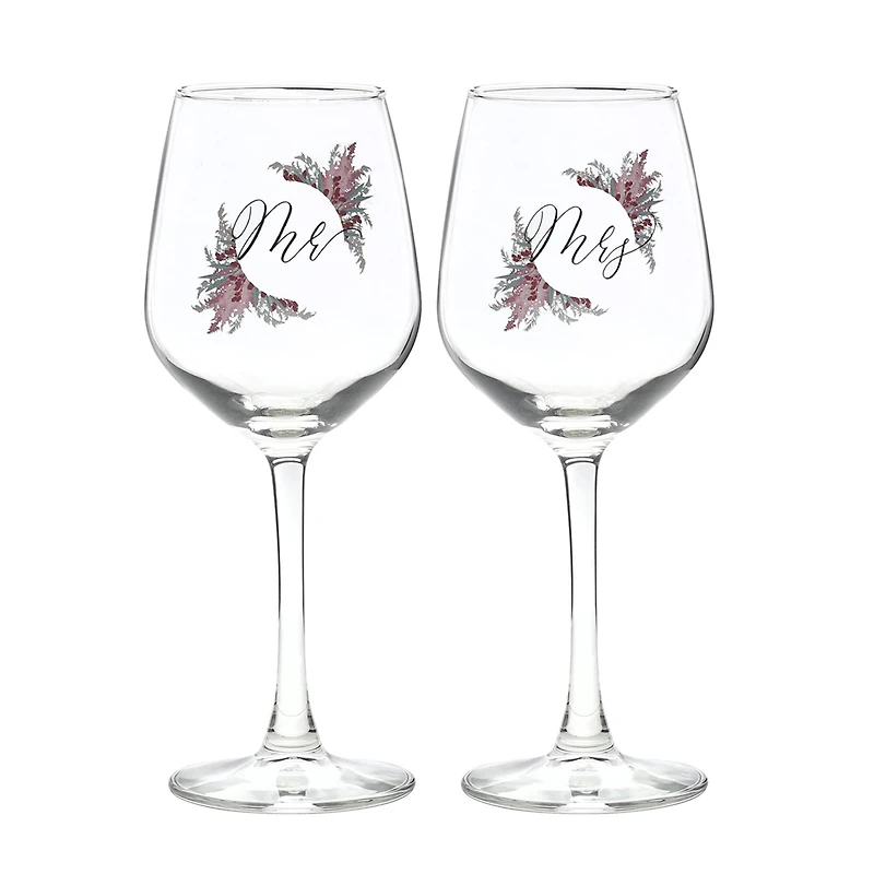 12oz. Mr. & Mrs. Dried Floral Wine Glass Set