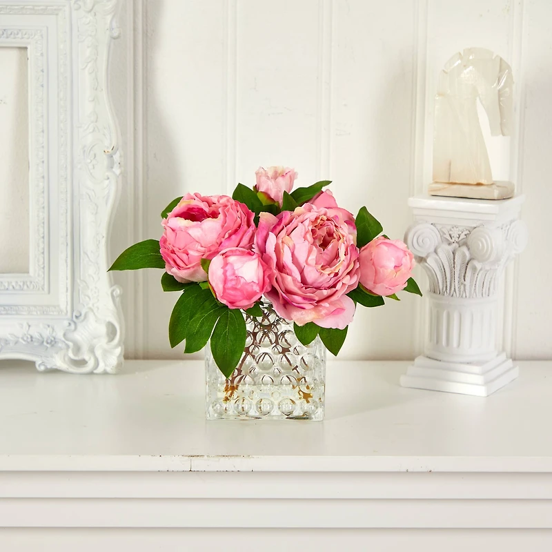 8.5" Pink Peony In Square Textured Glass Vase