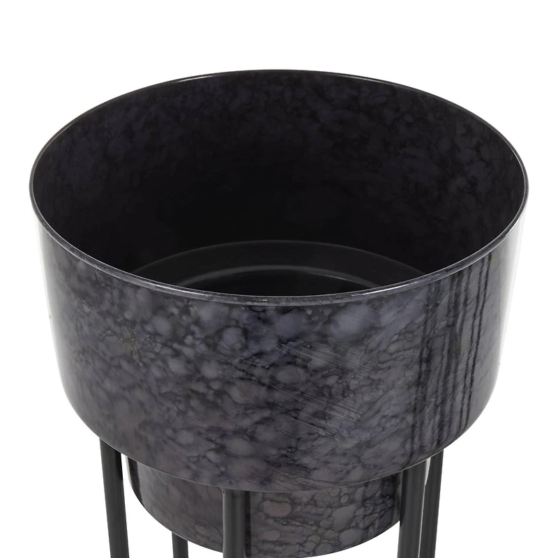 Black Metal Wash Textured Planter with Open Framed Black Caged Base Set
