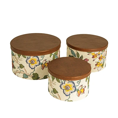Household Essentials Multicolor Floral Nesting Hat Box Set with Faux Leather Lids