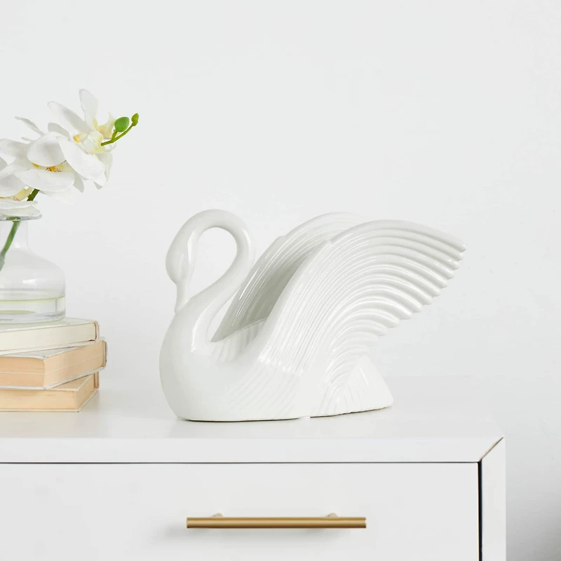 10.5" Ceramic Swan with Textured Grooves Sculpture