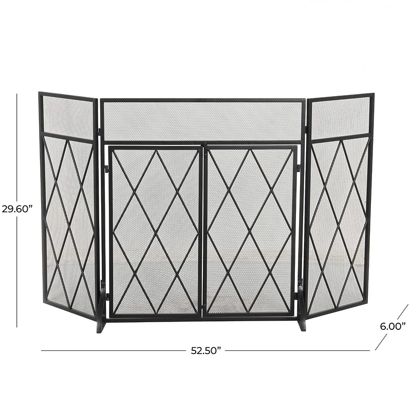 Black Metal Geometric Diamond 3-Panel 2 Door Fireplace Screen